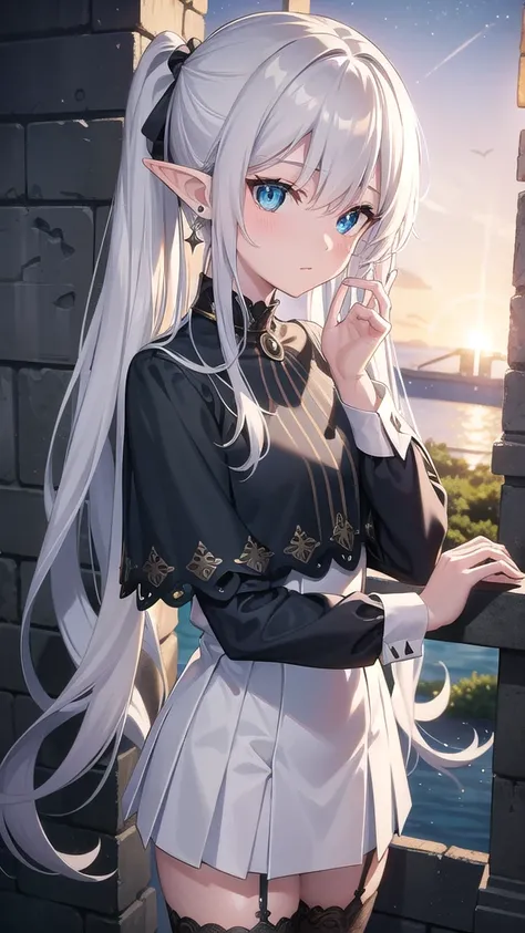 frieren, frieren, grey long hair, twintails, grey hair, pointy ears, elf,green eyes,
BREAK shirt, long sleeves, jewelry, earrings, striped,stockings, capelet, striped shirt,
BREAK looking at viewer, upper body, from above,
BREAK outdoors, sky, castle, nigh...