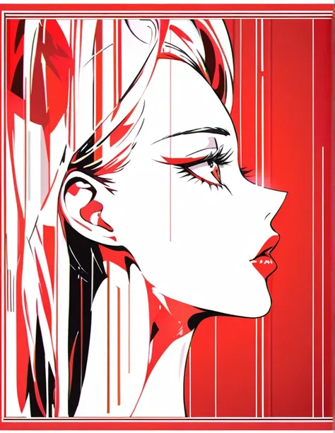 illustrate an elegant stunning beautiful woman's face in profile using sleek white lines on a red canvas