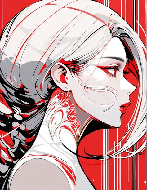 Illustrate an elegant stunning beautiful womans face in profile using sleek white lines on a Red canvas 