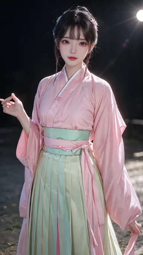 1girl,(hanfu, pink short shan,  gradient green pleated skirt, pink songmo),(upper body:1.5),face focus, ultra high res, (photorealistic:1.4), raw photo,16K,dramatic lighting,