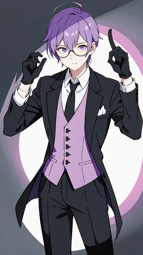 purple hair man Wear glasses, gloves, and a black suit.