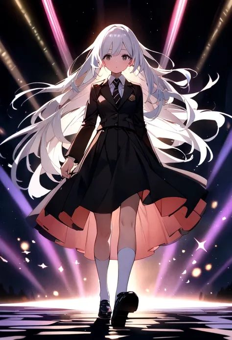 (The face of the girls head, Eyes open, Long White hair, black eyes, and a headband holding a small hatchet on the right side, wearing a buttoned-up black school jacket and a short black skirt, white socks, black shoes)，(Chinese Illustration:1.3，paper art:...