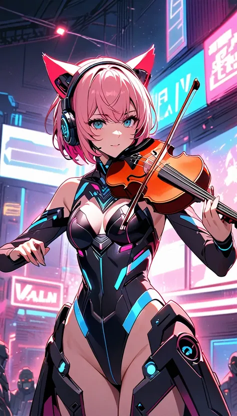 Beautiful single woman with short, Undercut hair, pink hair, glowing wires, headphones, cat ears, and neon sci-fi robot leotard. Behind it is a robot with neon lights. The background image is a large robot, clearly visible. stage performance Play the neon ...