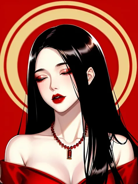 1girl in, 独奏, Jewelry, Black hair, Necklace, Red lips, Long hair, Closed eyes, lip stick, makeup, Upper body, Closed mouth, Red dress, Hair over one eye, clavicle, Dress,Red Theme,bad-girl, Large breasts,Shiny skin,(maturefemale),