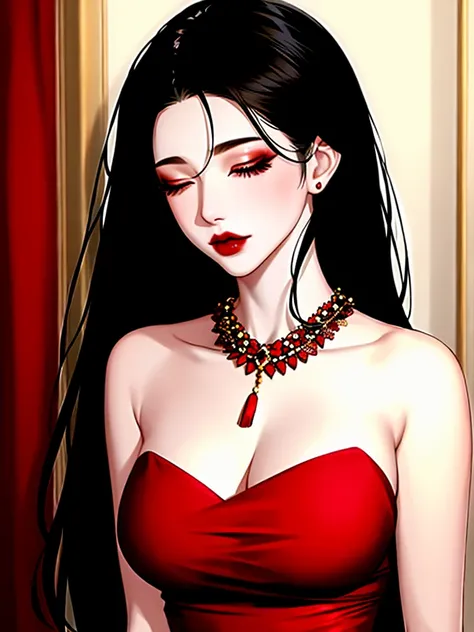 1girl in, 独奏, Jewelry, Black hair, Necklace, Red lips, Long hair, Closed eyes, lip stick, makeup, Upper body, Closed mouth, Red dress, Hair over one eye, clavicle, Dress,Red Theme,bad-girl, Large breasts,Shiny skin,(maturefemale),