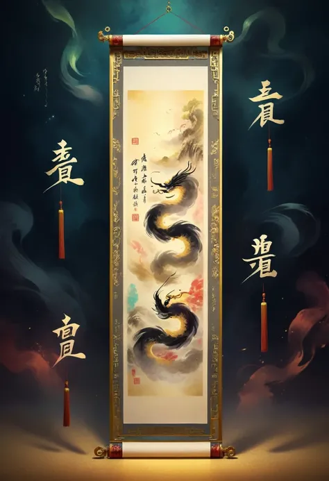 A long scroll floating in the air, Chinese calligraphy, Ornate golden frame, Magical Realism, Ethereal atmosphere, Vibrant colors, Dramatic Lighting, Intricate details, Reality, 8K, high quality, masterpiece