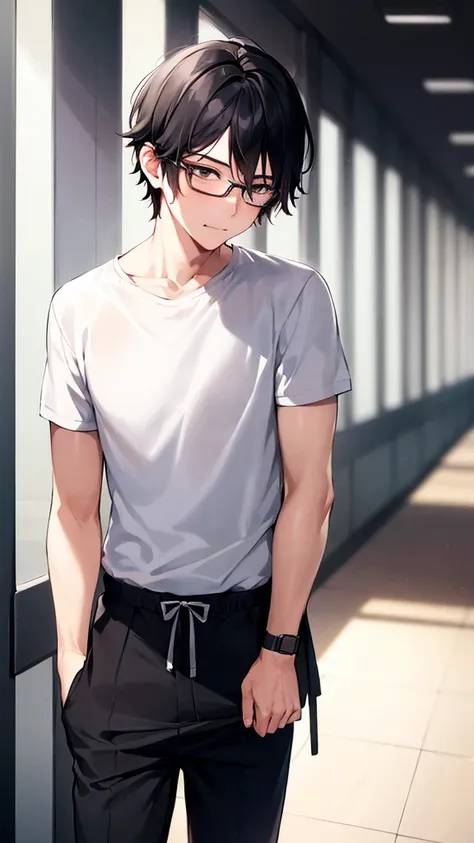 1 boy, black hair, black eyes, wearing glasses, school hallway, absurdres, high res, ultrasharp, 8K, masterpiece, quiet type, sleepy face, boy  