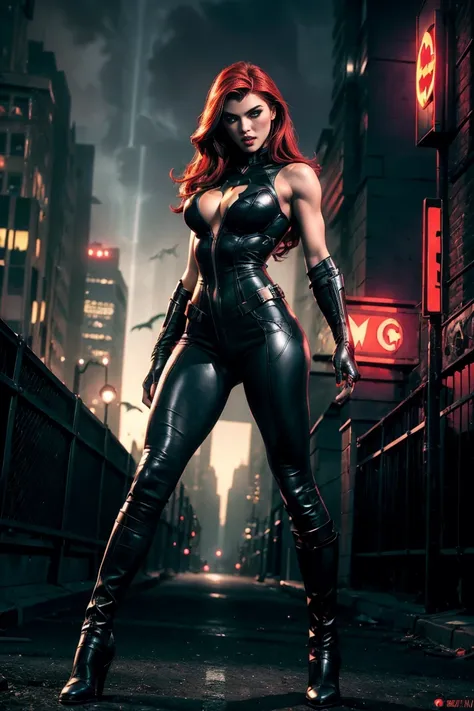 full body superheroine 14 years old  Batgirl red long wavy hair green eyes red mouth tall muscular body big round breasts broad shoulders black metallic shiny tight leather pants, black metallic shiny short plunging sleeveless tops blue boots dress hero po...