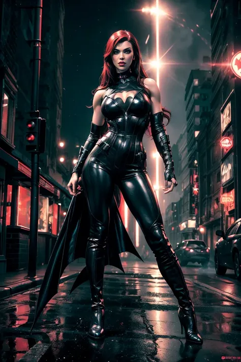 full body superheroine 14 years old  Batgirl red long wavy hair green eyes red mouth tall muscular body big round breasts broad shoulders black metallic shiny tight leather pants, black metallic shiny short plunging sleeveless tops blue boots dress hero po...