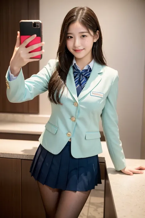 (8k), (highest quality: 1.2), (realistic), (realistic: 1.37), ultra high resolution, 1 girl, cute, smile, closed mouth, beautiful details, beautiful nose, wet hair, giant dulcefo, pork, thighs，selfie,College student uniform,simple blazer,pleated skirt,Stan...