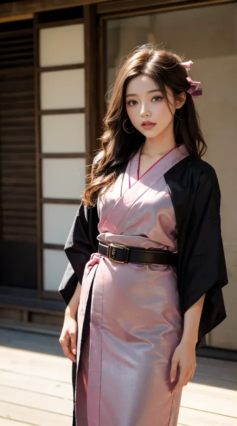 masterpiece, best quality, high resolution, Venus1, 1 woman, alone, Tsuko Kamato, bamboo, ((Gag)), hair (brown), checkered belt, Gag, Gag, Gradient hair, hair ribbon, haori, japanese clothing, ((Black Kimono:1.2)), very short kimono, big , Long hair, looki...