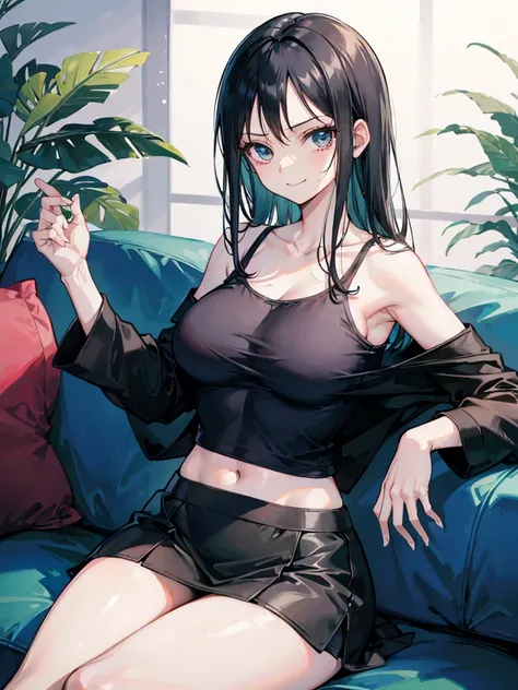 Nico Robin from the anime One Piece, wearing a black Tee cropped long sleeved cami, with scoop neck complimenting her ample bosom, and short black tennis skirt, sitting on a comfy sofa, 8k, smiling.