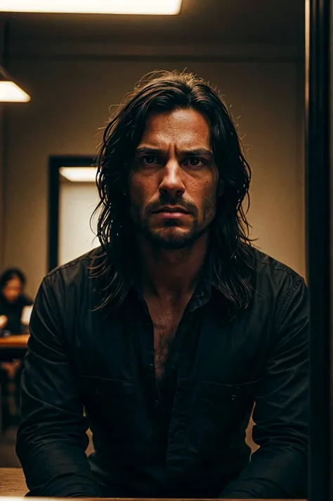 The man with long black hair and piercing green eyes sits at an interrogation table, his expression intense and defiant. The scene is shot in a realistic, cinematic style reminiscent of Ron Fricke’s direction, with high contrast and rich film colors captur...