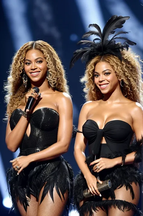 Beautiful Beyonce and Shakira smiled happily, wearing short black strapless feather dresses on stage