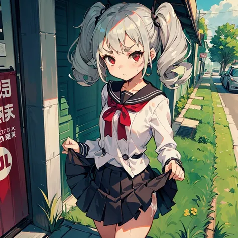 Young girl with grey hair, ((fringed and curly hair)),((curly short twintail)), curly hair ,(red eyes),, ((small bushy eyebrows)), wearing gothic lolita clothing, lolicon , walking to school, bored look, bored face, , lifting her skirt to show her vagina w...