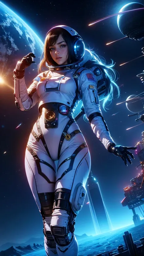 top quality, future world, State-of-the-art robot, Beautiful Woman, flying hair, Transformed into a cyborg except for the face, sexy images, whole body photo, ((Astronaut, spacesuit, Astronaut outfit))