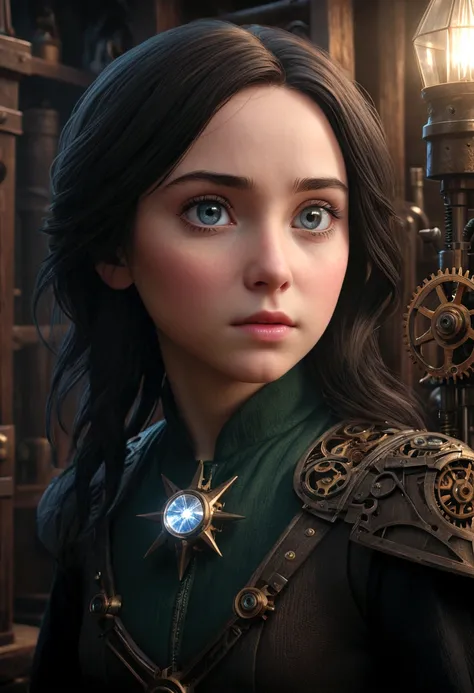 a young daughter of severus snape,building a large magical gear machine made of wood,with a shining star-shaped crystal at the top,beautiful detailed eyes,beautiful detailed lips,extremely detailed eyes and face,longeyelashes,intricate wood textures,gears ...