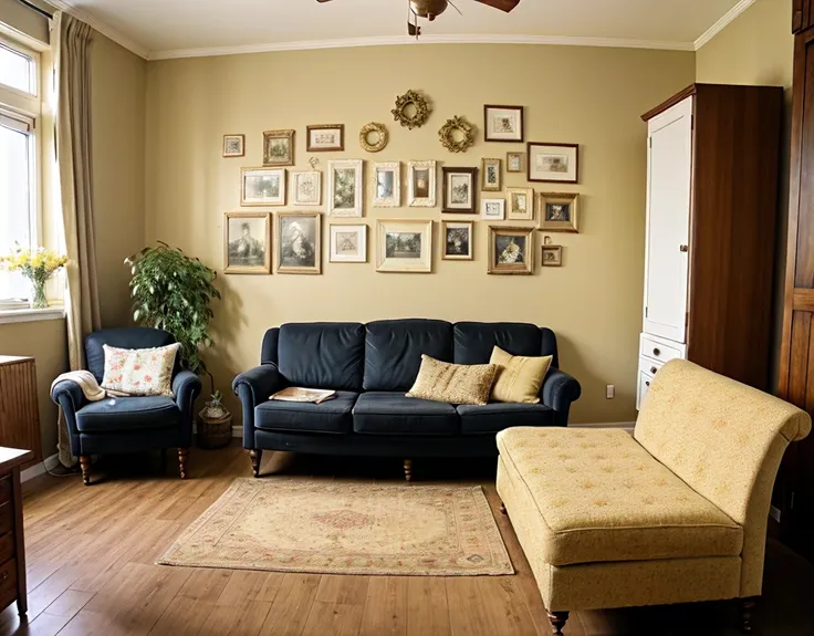 An old vintage living room with a sofa, some decorative flowers, simple vintage decorations n he wall and lots of vintage cloths arranged neatly that look like  wardrobe. Give the image a yellow shade and make it kind of look like an old image. 