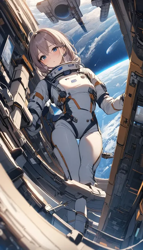 Highest quality、masterpiece、High resolution、RAW Photos、BREAK、One Girl、Skin-tight astronaut suits、２０talent、Zero Gravity Swimming、Space Station、Experimental building、Complex Instrumentation、Detailed depiction、近未来のSpace Station、BREAK、Earth seen from the windo...