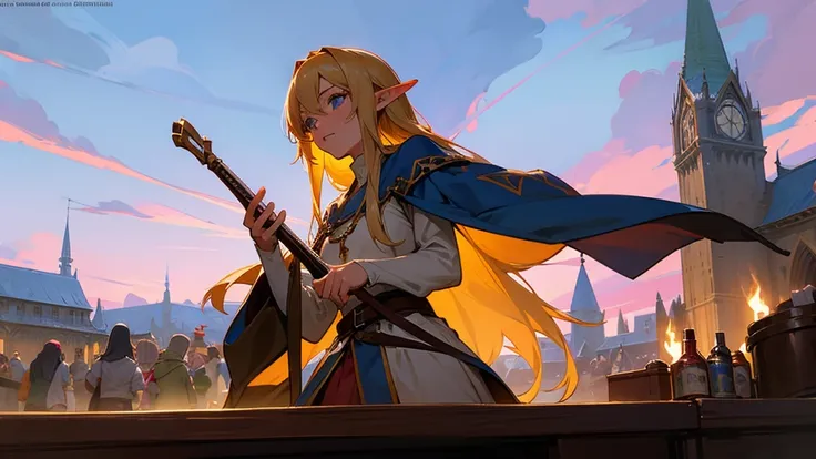 Anime Style,Nostalgic,Detailed background,The medieval world,A lively bar with lots of people,Beautiful sky,Beautiful Elf with a Bard&#39;s Smile,guitar,Large Breasts,Healthy thighs