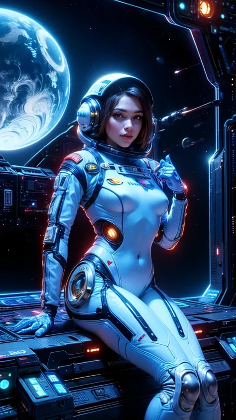 top quality, future world, State-of-the-art robot, Beautiful Woman,  Transformed into a cyborg except for the face, sexy images, whole body photo, ((Astronaut, spacesuit, Astronaut outfit))