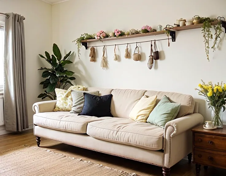 An old vintage living room with a sofa, some decorative flowers, simple vintage decorations n he wall and lots of vintage cloths arranged neatly that look like  wardrobe. Give the image a yellow shade and try a bit like blach white image. 