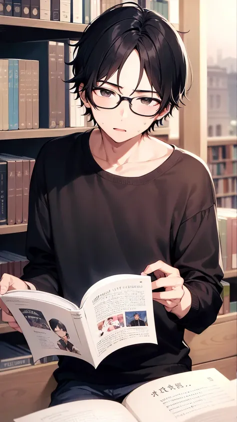 1 boy, black hair, black eyes, wearing glasses, library, absurdres, high res, ultrasharp, 8K, masterpiece, reading book, quite type, sleepy face