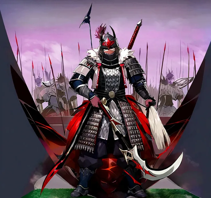 Wearing Mongolian armor，male，high resolution，Extremely detailed，Wearing a mighty helmet，The face has a devil-like mask，holding halberd，Strong build，As mighty as a king