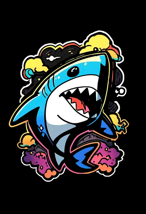 /imagine prompt: shark illustration for a sticker with a black background, in bold outline style, jagged edges, trashcore, light shading --v 5.2