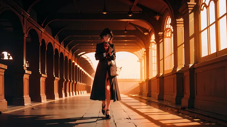 Classic station building, Orient Express, Traveler, It has a nice atmosphere, Adult women, Trunk Case ,Perfect Face, tired, (Backlight: 1.1), A scene from a movie, Soft Shadows, masterpiece, Highest quality, Complex, Model shooting style, Film Grain, Wide ...