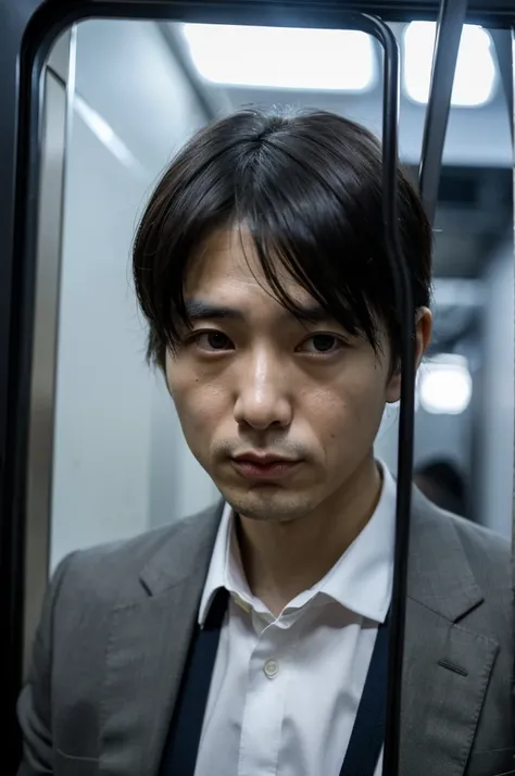 (masterpiece:1.2), (Highest quality:1.1), Ultra-high resolution, 8K, (Photo Real:1.2), (Depth of written boundary), A face with attention to detail, Body with attention to detail,38-year-old Japanese male office worker、Commuting by train、Gloomy face