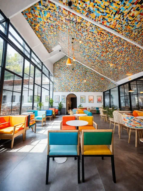 Modern cafe, vibrant mosaic materials, colorful tiles, sleek furniture, contemporary design, large windows, bright and airy, stylish decor, artistic patterns, cozy seating, creative atmosphere, trendy vibe