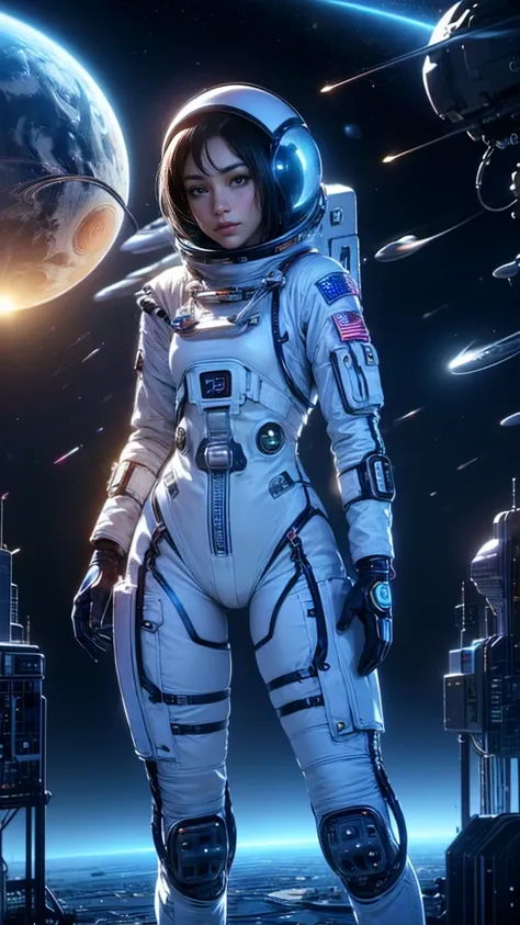 top quality, future world, State-of-the-art robot, Beautiful Woman,  Transformed into a cyborg except for the face, sexy images, whole body photo, ((Astronaut, spacesuit, Astronaut outfit)), moving to front