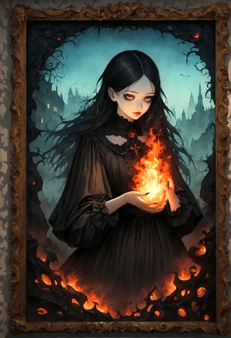 Oil painting of a deep blue sky, A fire, Something new, No estilo de trompe – Loeil Illusionistic Detail, Blink - and - you - lose - details, Wicano, photolithography, Dark and creepy gothic, Romantic Gothic, Dark ornate gothic