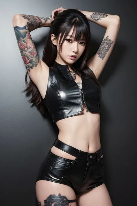 (Highest quality)，masterpiece，Very detailed，8K, Ultra-high resolution，Beautiful woman，Japanese women，Expressionless，whole body，((tattoo))，slim，Black leather pants，Black Leather Vest，