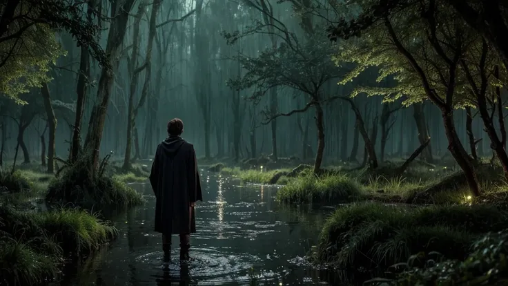 HARRY POTTER IN A SWAMP FOREST AT NIGHT
