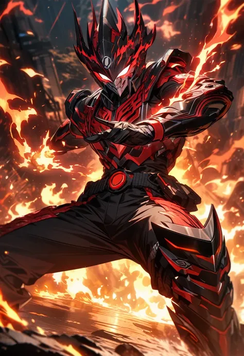 Symetrical,absurdres, highres, ultra detailed, HDR, masterpiece, extremely detailed face and eyes, Kamen rider ryuki, Kamen rider ryuki,,, cool dragon Kamen rider, solo, man, handsome, ,, , cool pose,fire red lightning effect, glowing glitters, , flames ef...