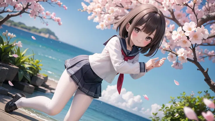 (masterpiece),  Outdoor,  cherry blossoms,  petal,  sunlight,  lake,  One girl,  blush,  smile,  Medium Hair,  Sailor suit,Long skirt, Overgrown, petal, plant、Skirt lining、White slip、nostalgic、pantyhose（gray）、You can see the sea in the distance, Crotch clo...