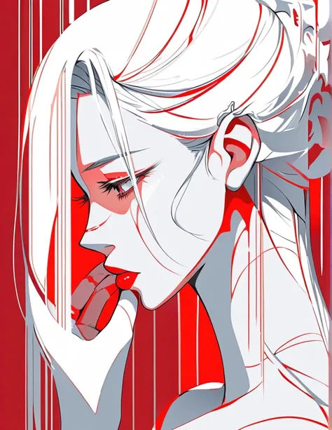 Illustrate an elegant stunning beautiful womans face in profile using sleek white lines on a Red canvas 