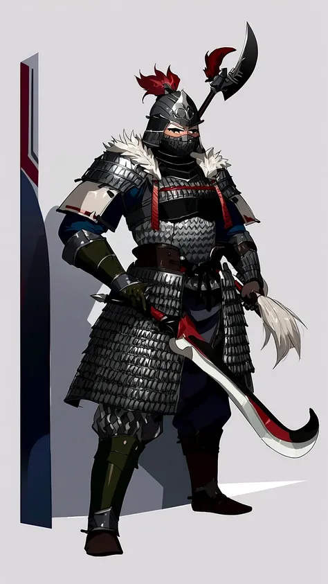 high resolution，Extremely detailed，Strong male，Full body covered in armor，holding halberd，Wearing a mighty helmet，The face has a devil-like mask，The momentum is like a king