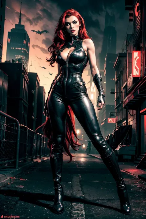 full body superheroine 14 years old  Batgirl red long wavy hair green eyes red mouth tall slender graceful body big round breasts broad shoulders black metallic shiny tight leather pants, black metallic shiny short plunging sleeveless tops blue boots dress...