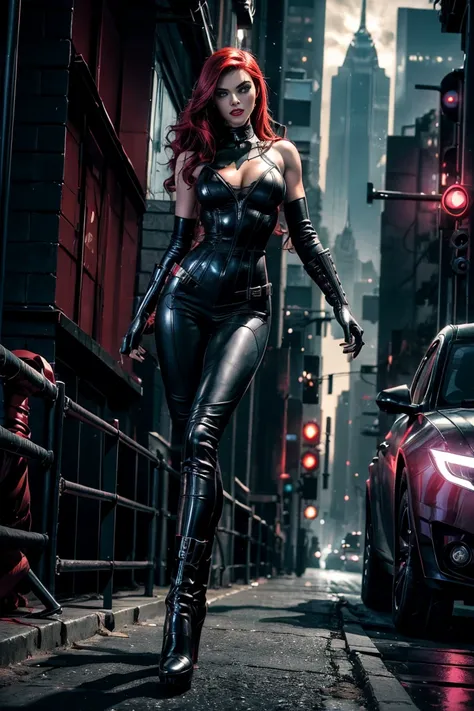 full body superheroine 14 years old  Batgirl red long wavy hair green eyes red mouth tall slender graceful body big round breasts broad shoulders black metallic shiny tight leather pants, black metallic shiny short plunging sleeveless tops blue boots dress...