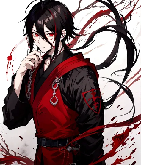 Handsome anime man, name kashiobi, with black hair, red eyes, covered in blood, rage face, masterpiece, wearing a black and red gi