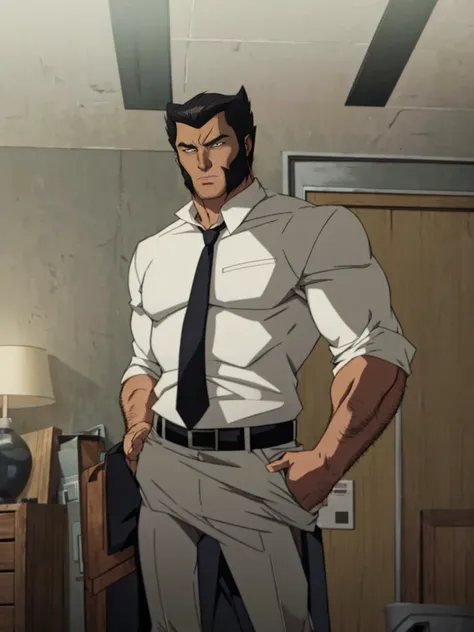 wolverine in shirt and tie, (tight white shirt, black tie) handsome, big muscles, wide shoulders