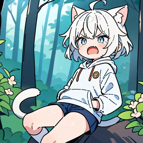 （masterpiece：1.2，high quality），8K，High resolution，A seven-year-old boy，cute boy，white hair，short hair，light blue eyes，slit pupils， ahoge，cat ears，angry，tears，skin fang，Halation，Wearing a white hoodie，Dark blue shorts，Stand in the forest，There are flowering...