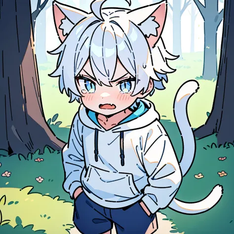 （masterpiece：1.2，high quality），8K，High resolution，A seven-year-old boy，cute boy，white hair，short hair，light blue eyes，slit pupils， ahoge，cat ears，angry，tears，skin fang，Halation，Wearing a white hoodie，Dark blue shorts，Stand in the forest，There are flowering...