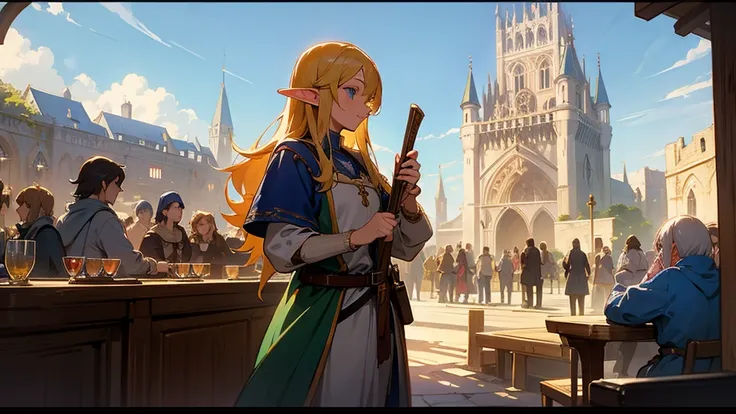 Anime Style,Nostalgic,Detailed background,The medieval world,A lively bar with lots of people,Beautiful sky,Beautiful Elf with a Bard&#39;s Smile,guitar,Large Breasts,Healthy thighs