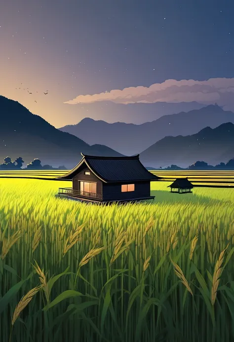 black sky, night view of a house in the middle of  rice fields at night with a mountain in the background. manga style,