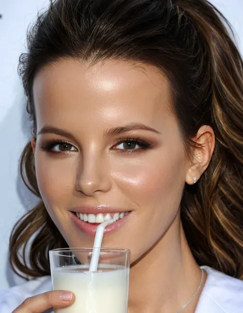 young Kate Beckinsale, face, drinks milk from a straw, detailed eyes, smile, nurse, close up