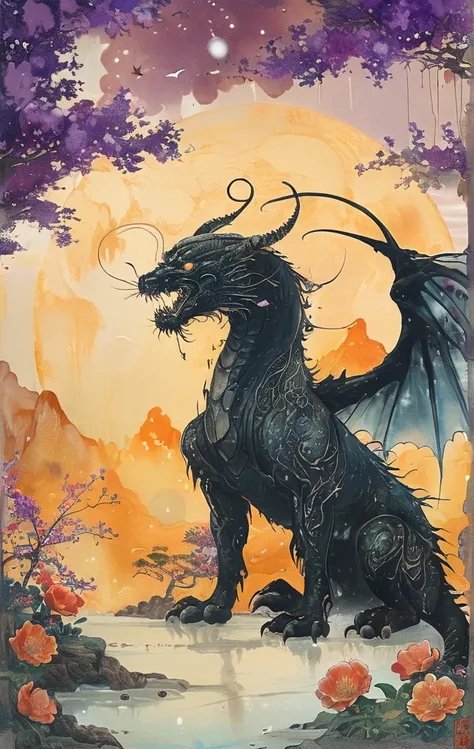 A white dragon lies in the middle of an endless field full of purple flowers, surrounded by snow-capped mountains and a blue sky sparkling with golden sunset rays. The whole scene is filled with a dreamy atmosphere, with vibrant colors and detailed backgro...